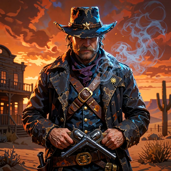 Tematisk illustration til Wanted Dead or a Wild: lovl&oslash;s cowboy med revolvere foran &oslash;rkensolnedgang
