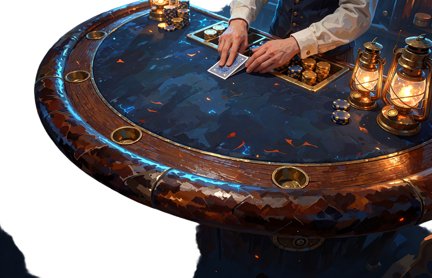 Blackjackbord med bl&aring; filt, dealerens h&aelig;nder i hvide manchetter, jetoner og to messinglanterner - live casino hos Smash Casino
