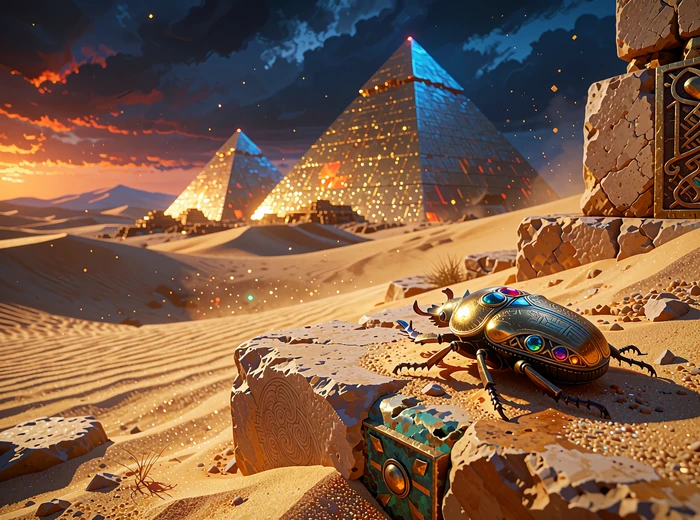 Gyldne pyramider i skumringen over dyner med en juvelbesat guldskarab&aelig; i forgrunden - Egypten blandt online slots