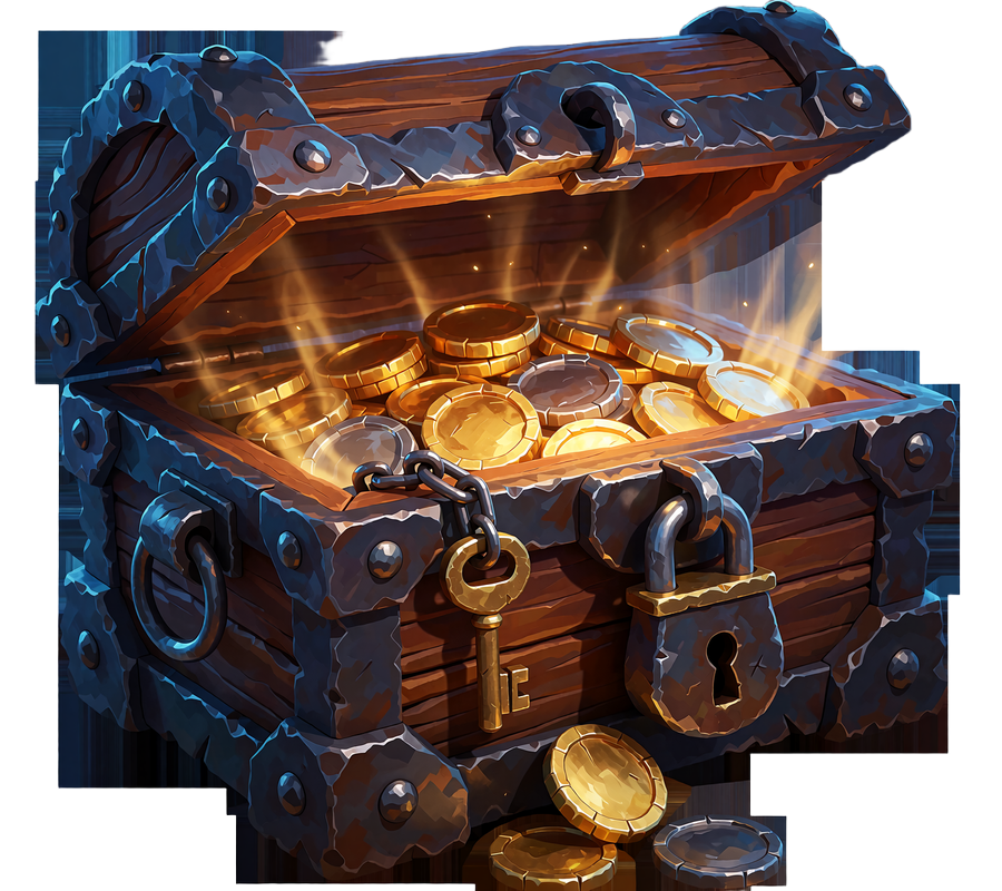 &Aring;ben skibskiste af m&oslash;rkt tr&aelig; med gl&oslash;dende guld- og s&oslash;lvm&oslash;nter og en messingn&oslash;gle - symbol p&aring; krypto hos Smash Casino