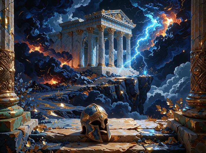 Marmortempel p&aring; en klint over skyer med et lynnedslag og en gylden hjelm p&aring; trappen - mytologi-slots hos Smash Casino
