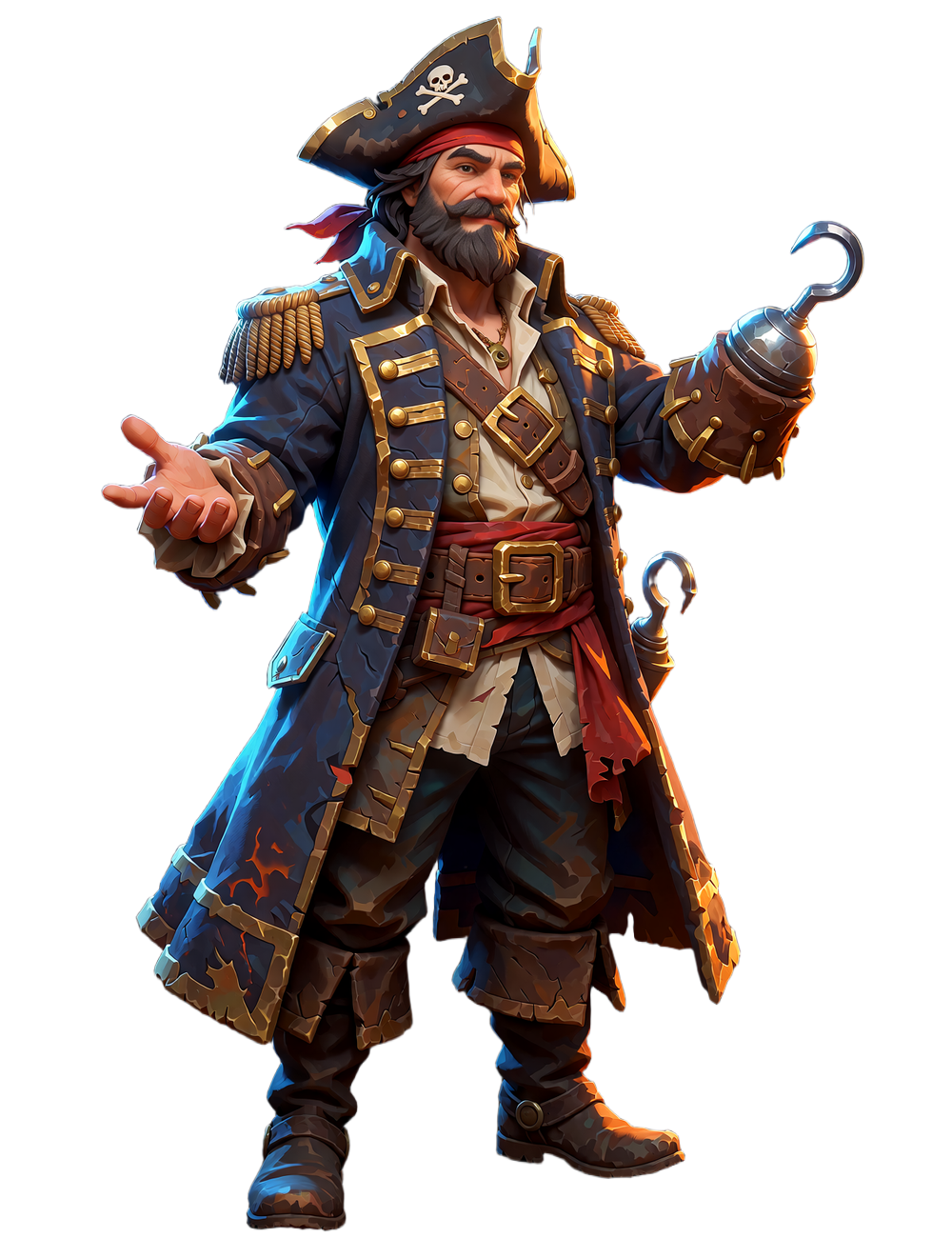Smash Casinos 3D-piratkaptajn med krog st&aring;r p&aring; kajen og pr&aelig;senterer guldskatten fra skibet
