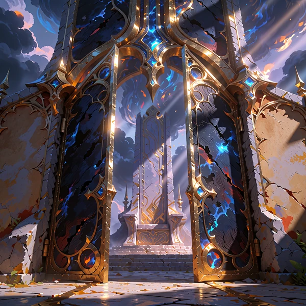 Tematisk illustration til Gates of Thrones: enorme paladsporte p&aring; klem med en stentrone i violet lys
