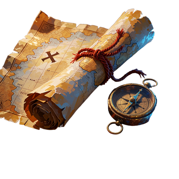 Halvt oprullet pergamentkort med r&oslash;d snor og et X ved siden af et messingkompas - mandagens Map of Riches