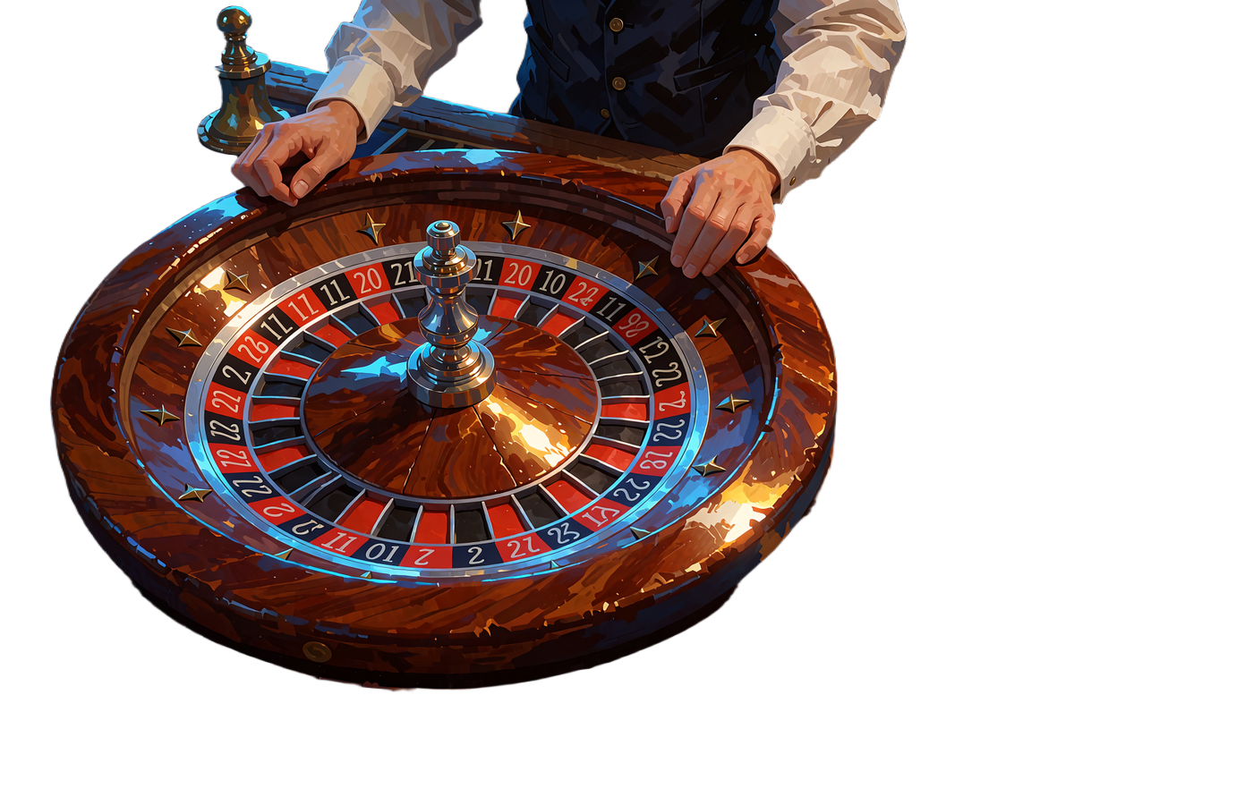 Mahognihjul til live roulette med dealerens h&aelig;nder p&aring; kanten - live casino hos Smash Casino