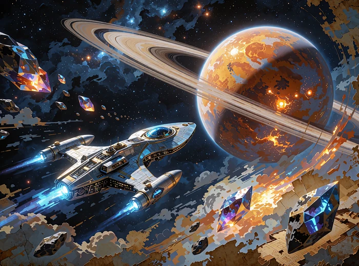 S&oslash;lvfarvet rumskib p&aring; vej mod en ringplanet med lysende krystalasteroider - sci-fi-slots hos Smash Casino