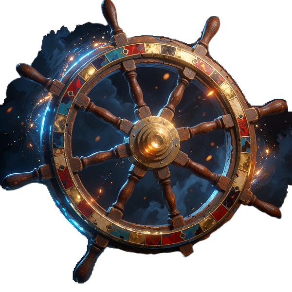 Klassisk skibsrat i tr&aelig; med guld og r&oslash;de felter og glimt langs kanten - onsdagens Wheel of Booty