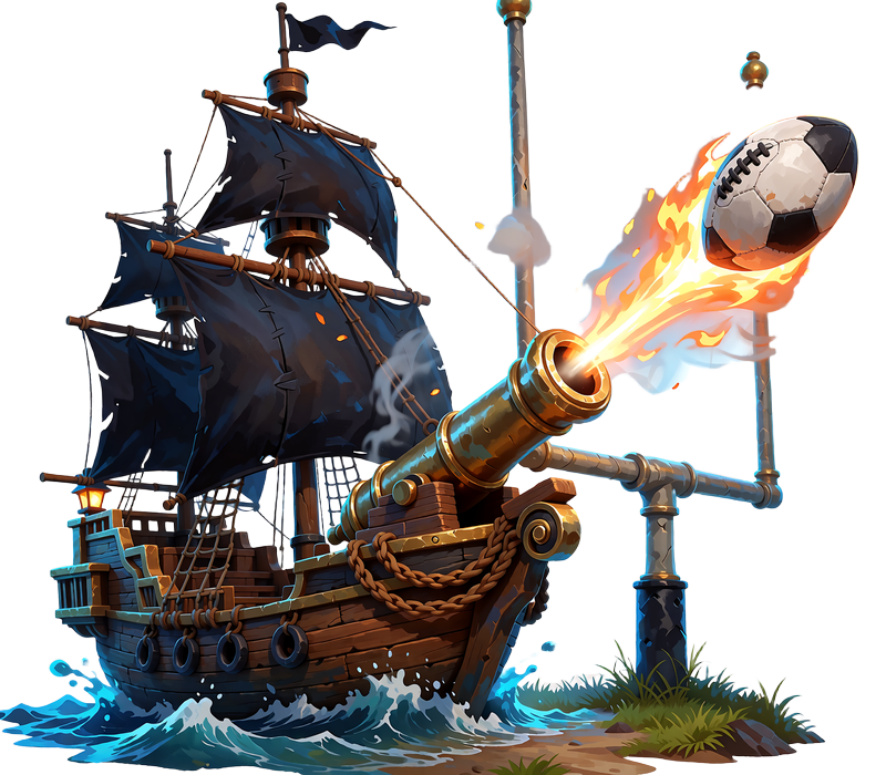 Lille piratskib affyrer en fodbold med kanonen mod et m&aring;l - illustration af sportsbetting